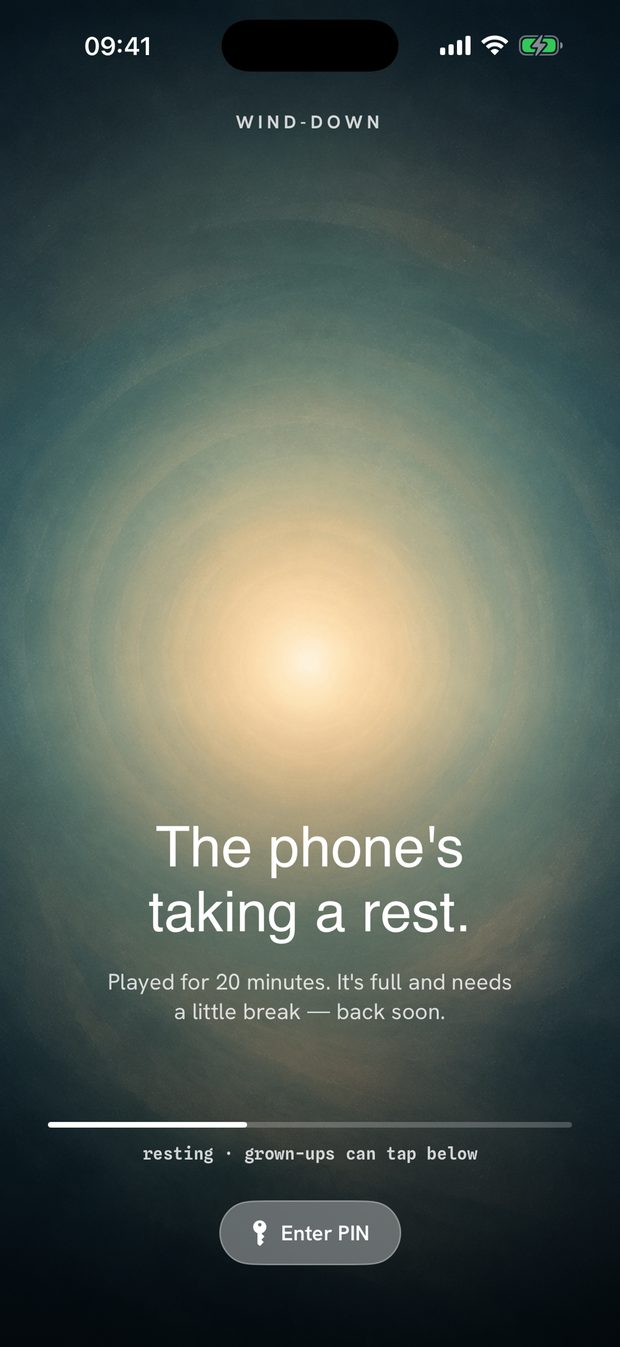 The Pacifier cool-down screen: the phone's taking a rest.
