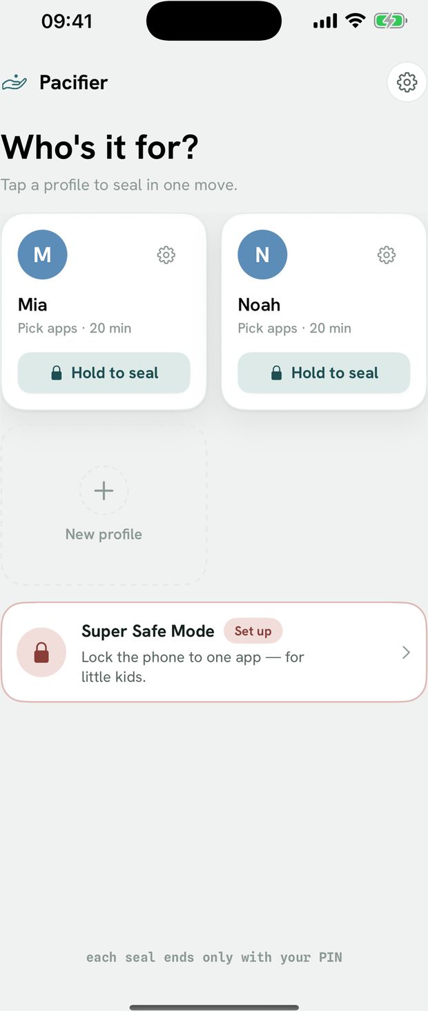 The Pacifier home screen with two child profiles, Mia and Noah.