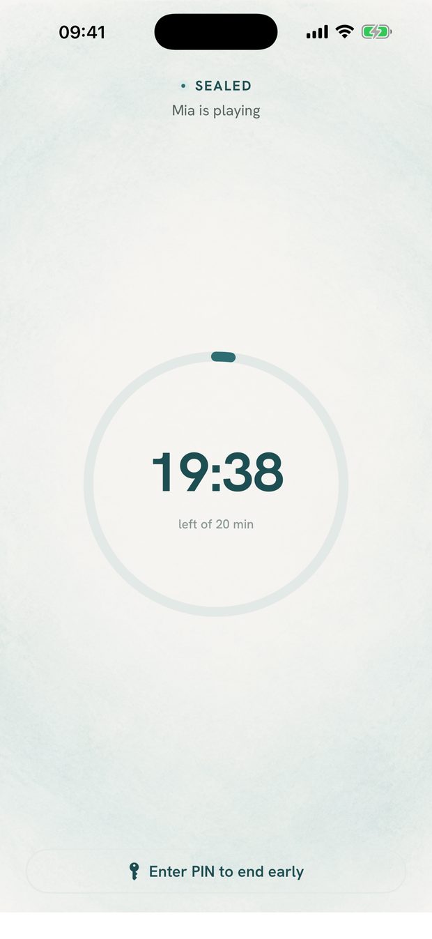 The Pacifier sealed screen, showing a countdown of 19 minutes 38 seconds left of 20.